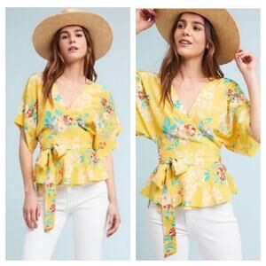 Anthropologie Yumi Kim Yellow 100% Silk Kimono Top XS That's A Wrap Happy Days